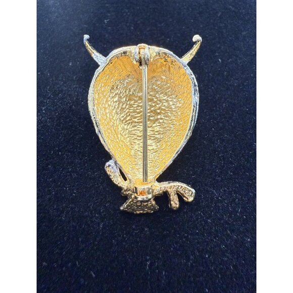 Vintage Perched Owl Brooch Pin Gold and Silver Tone Red Glass Cabochon Eyes - Picture 3 of 10